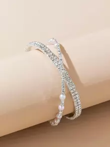 Rhinestone & Faux Pearl Decor Cuff Bangle