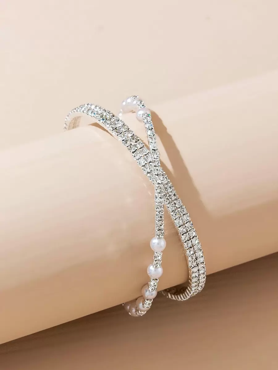 Rhinestone & Faux Pearl Decor Cuff Bangle