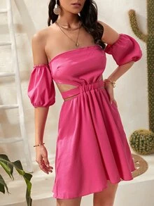Vestido de hombros descubiertos de manga farol de espalda abierta con nudo - Rosa Fucsia - Ver 3