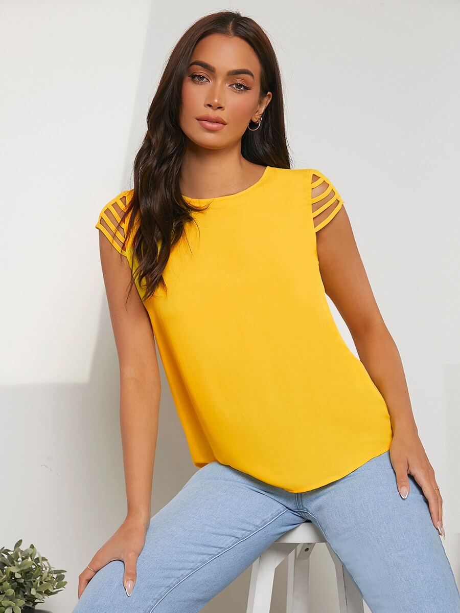SHEIN LUNE Ladder Cut Out Keyhole Back Blouse - Yellow - View 1