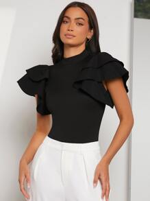 Modelyn Mock Neck Exaggerated Ruffle Trim Bodysuit - Black - View 4