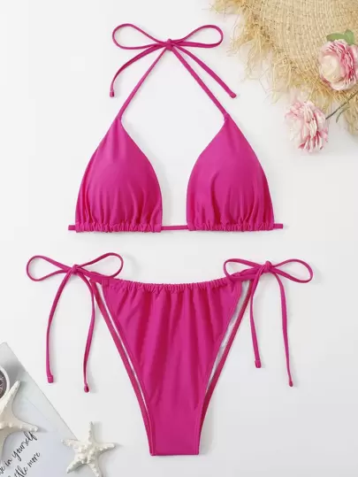 Swim Mod Summer Beach Plus Size Solid Tie Side Bikini Set
