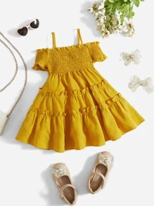 SHEIN Baby Shirred Cold Shoulder Frill Trim Dress - Yellow - View 1