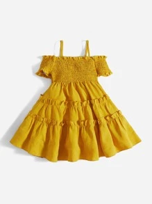 SHEIN Baby Shirred Cold Shoulder Frill Trim Dress - Yellow - View 5