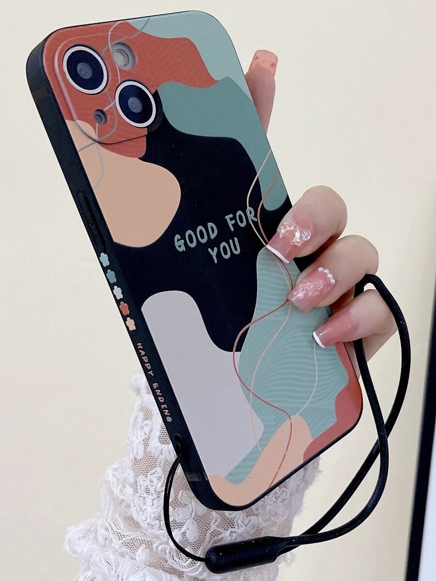 撞色手機外殼附帶繩子 - 黑色 - 查看 1