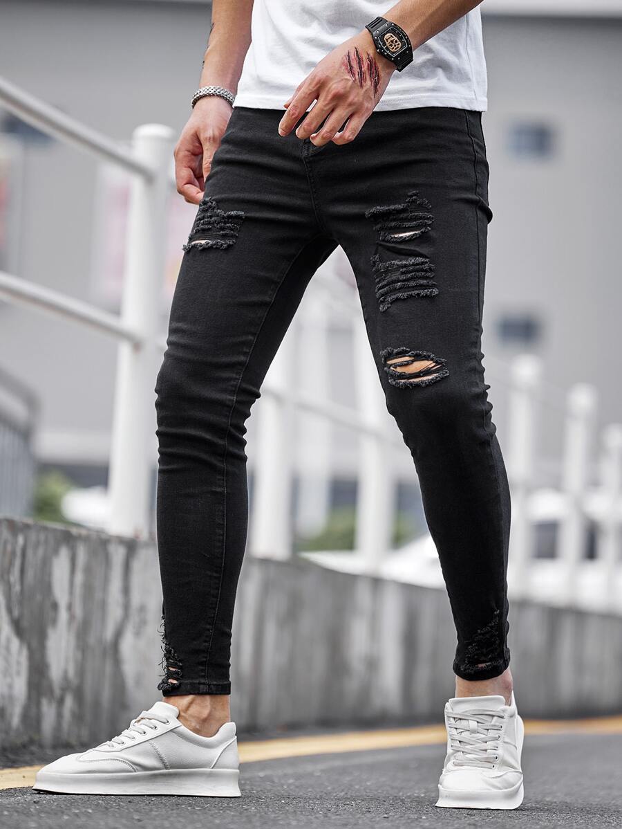 Manfinity LEGND Nam Quần jean ôm Bông Rách Frayed - màu đen - Xem 1