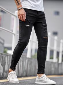 Manfinity LEGND Nam Quần jean ôm Bông Rách Frayed - màu đen - Xem 3