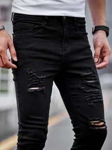 Manfinity LEGND Nam Quần jean ôm Bông Rách Frayed - màu đen - Xem 4