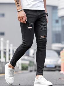 Manfinity LEGND Nam Quần jean ôm Bông Rách Frayed - màu đen - Xem 7