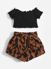 SHEIN Bộ đồ Em bé Thắt lưng Xù nhỏ Quần paper-bag Đồ họa Giải trí - Nhiều màu - Xem 2