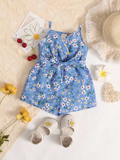 SHEIN Pigiama Intero Fiorato Con Cintura E Bretelle Per Bambina