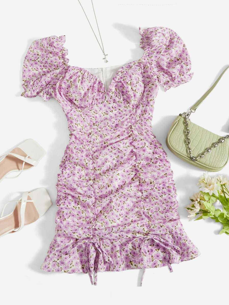 SHEIN MOD Ditsy Floral Sweetheart Neck Puff Sleeve Ruched Ruffle Hem Dress - Lilac Purple - View 1