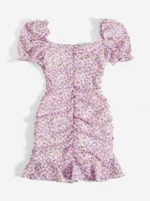 SHEIN MOD Ditsy Floral Sweetheart Neck Puff Sleeve Ruched Ruffle Hem Dress - Lilac Purple - View 2
