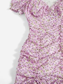 SHEIN MOD Ditsy Floral Sweetheart Neck Puff Sleeve Ruched Ruffle Hem Dress - Lilac Purple - View 4