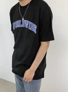 DAZY Men Cotton Letter Graphic Slit Hem Tee - Black - View 2