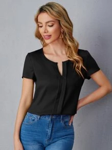SHEIN LUNE Notch Neck Fold Pleated Top - Black - View 3