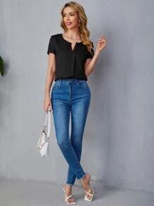 SHEIN LUNE Notch Neck Fold Pleated Top - Black - View 4
