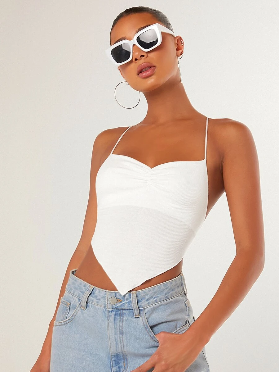 SHEIN BAE Áo hai dây Bất đối xứng Lộ Lưng Hội Chữ thập Xù màu trơn Gợi cảm