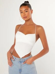 SHEIN BAE Áo hai dây Bất đối xứng Lộ Lưng Hội Chữ thập Xù màu trơn Gợi cảm - trắng - Xem 4