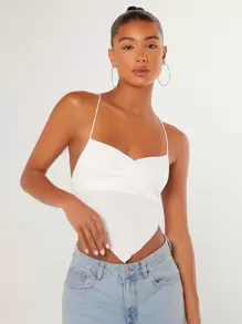 SHEIN BAE Áo hai dây Bất đối xứng Lộ Lưng Hội Chữ thập Xù màu trơn Gợi cảm - trắng - Xem 5