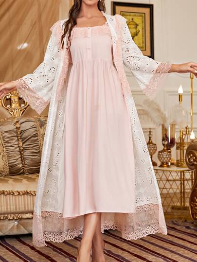 طقم بيجامة مزين بالدانتيل والحزام، مجموعة ألوان متباينة، ملابس موسم الأعياد والخريف والشتاء