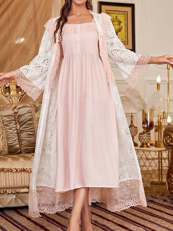 PalaceNights Colorblock Lace Trim Belted Schiffy PJ Set / Pajama Set Holiday Season, Vacation