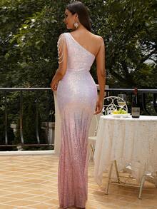 Missord One Shoulder Split Thigh Sequin Dress - Pink - View 3