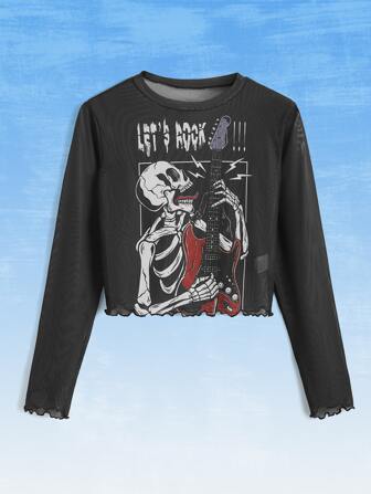JRart Skeleton Slogan Graphic Lettuce Trim Mesh Top