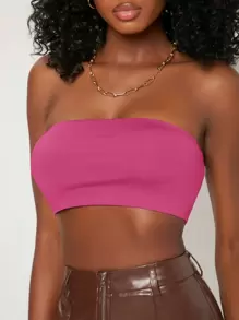 SHEIN BASICS Solid Tube Crop Top - Pink - View 5