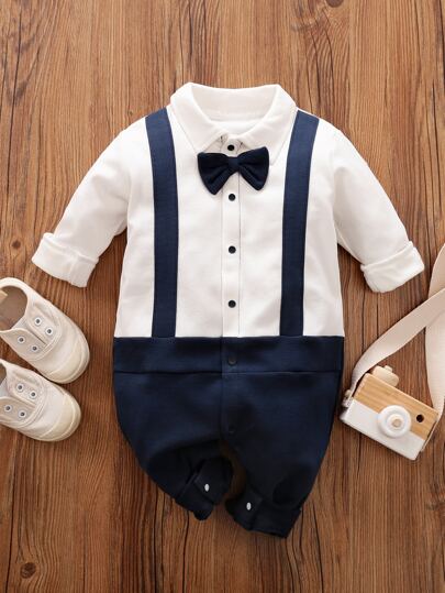 Yierying جمبسوت بالوان متجانسة بتفاصيل فيونكة للاولاد الرضع