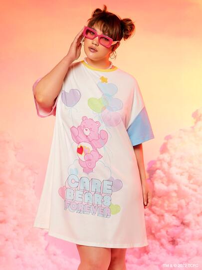 SHEIN X Care Bears Vestido de camiseta de manga caída con bloque de color, gráfico de oso y letra, para el verano