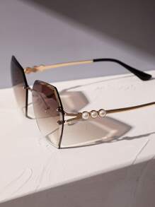 1 pieza Gafas de mujer sin marco con lentes degradados embellecidas con perlas, ideales para vacaciones en la playa, resorts de montaña, salidas al aire libre, compras en la ciudad, fotografía callejera en verano, vacaciones, al aire libre, viajes