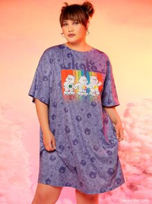 SHEIN X Care Bears Váy thun trễ vai in hình gấu và trái tim cho mùa hè - Màu tím hoa cà - Xem 1