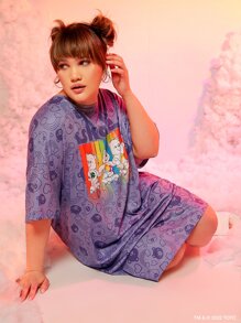 SHEIN X Care Bears Váy thun trễ vai in hình gấu và trái tim cho mùa hè - Màu tím hoa cà - Xem 4