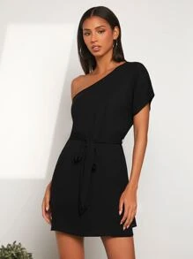 SHEIN Privé Đầm Thắt lưng màu trơn Giải trí - màu đen - Xem 3