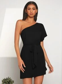 SHEIN Privé Đầm Thắt lưng màu trơn Giải trí - màu đen - Xem 4