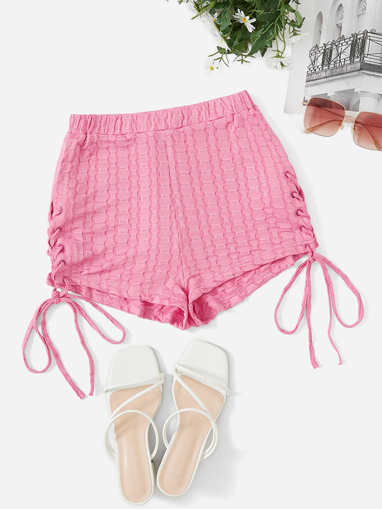 Lace Up Side Shorts - Baby Pink - View 1