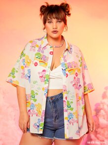 SHEIN X Care Bears Plus Bear Print Drop Shoulder Shirt - Multicolor - View 1