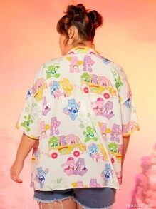 SHEIN X Care Bears Plus Bear Print Drop Shoulder Shirt - Multicolor - View 2