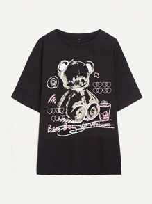 SHEIN EZwear Áo thun Plus size Hoạt hình Tim Giải trí - màu đen - Xem 1