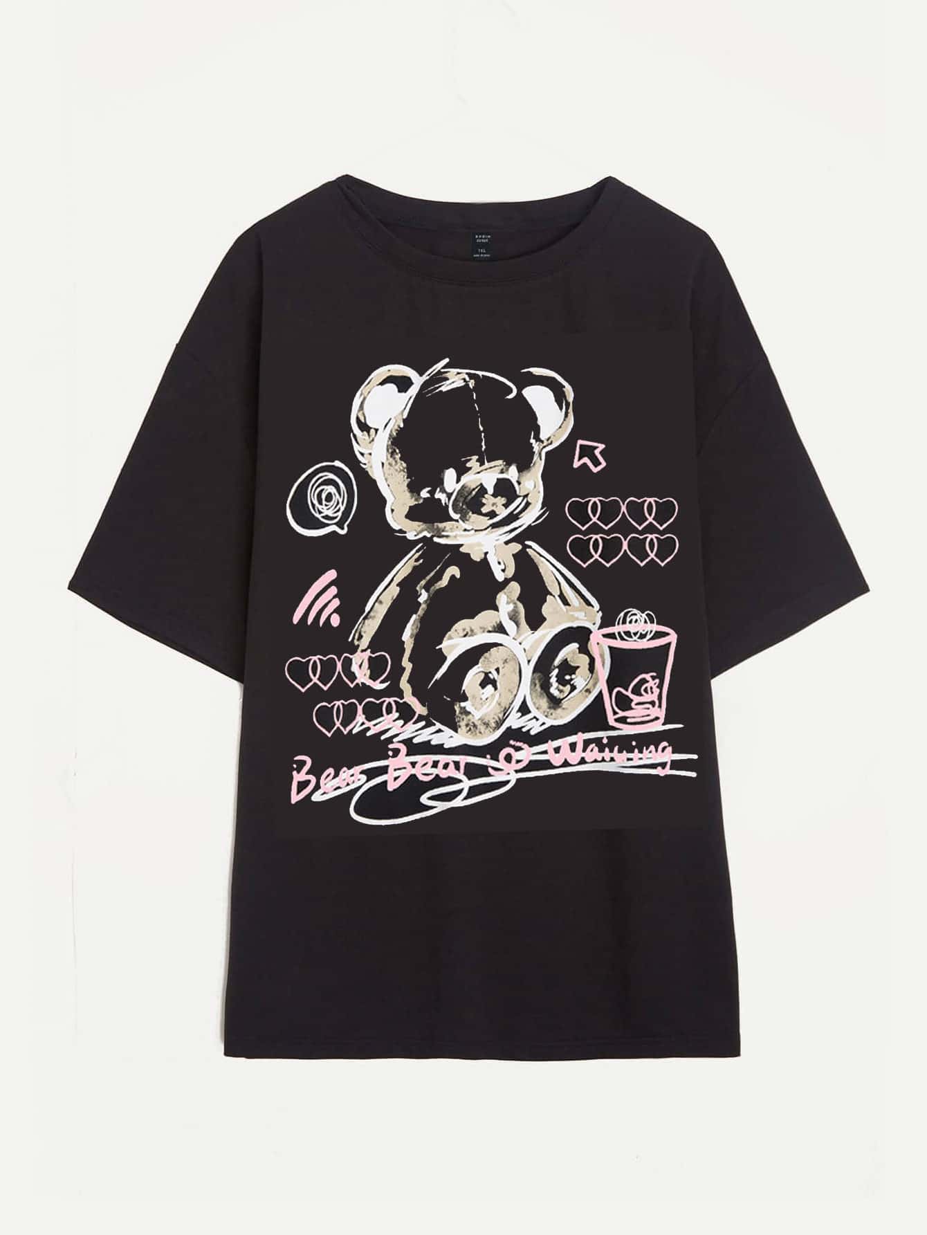 SHEIN EZwear Áo thun Plus size Hoạt hình Tim Giải trí - màu đen - Xem 1