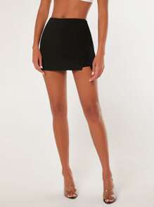 SHEIN Privé Quần đùi nữ Chia màu trơn Giải trí - màu đen - Xem 2