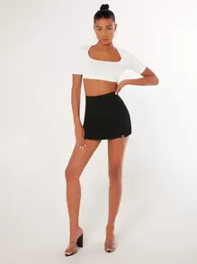 SHEIN Privé Quần đùi nữ Chia màu trơn Giải trí - màu đen - Xem 4