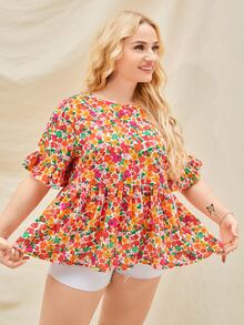 Dreamara 大碼滿版印花荷葉袖荷葉邊下擺襯衫 - 彩色 - 查看 5