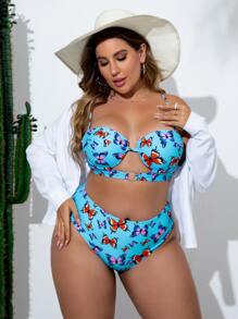 SHEIN Swim Curve Plus Size Butterfly Print O-Ring Cut Out High Waist Bikini Set Summer Beach - Multicolor - View 3