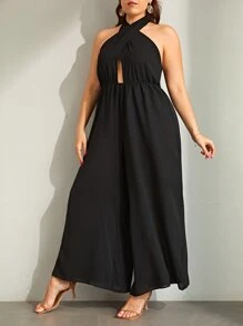 SHEIN SXY 大碼繞頸露背闊腿連體褲不附腰帶 - 黑色 - 查看 4