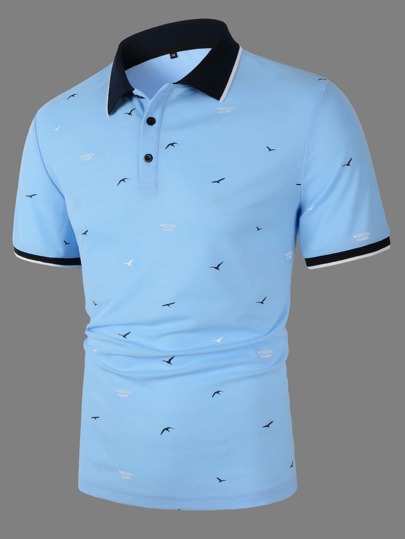 Guys Bird & Letter Graphic Contrast Collar Polo Shirt