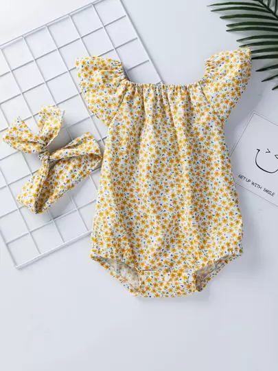 嬰兒女裝淺色花卉飛袖連身衣&髮箍