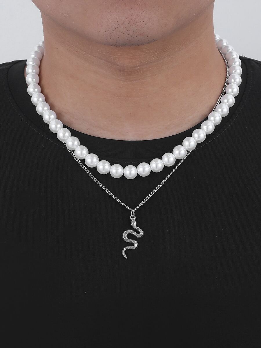 時尚流行的男士蛇珠串疊戴項鍊,不鏽鋼材質,適用於度假和時尚造型