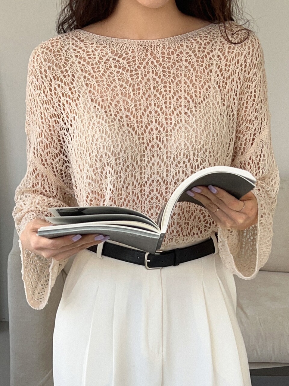 Drop Shoulder Pointelle Knit Sweater Without Bra